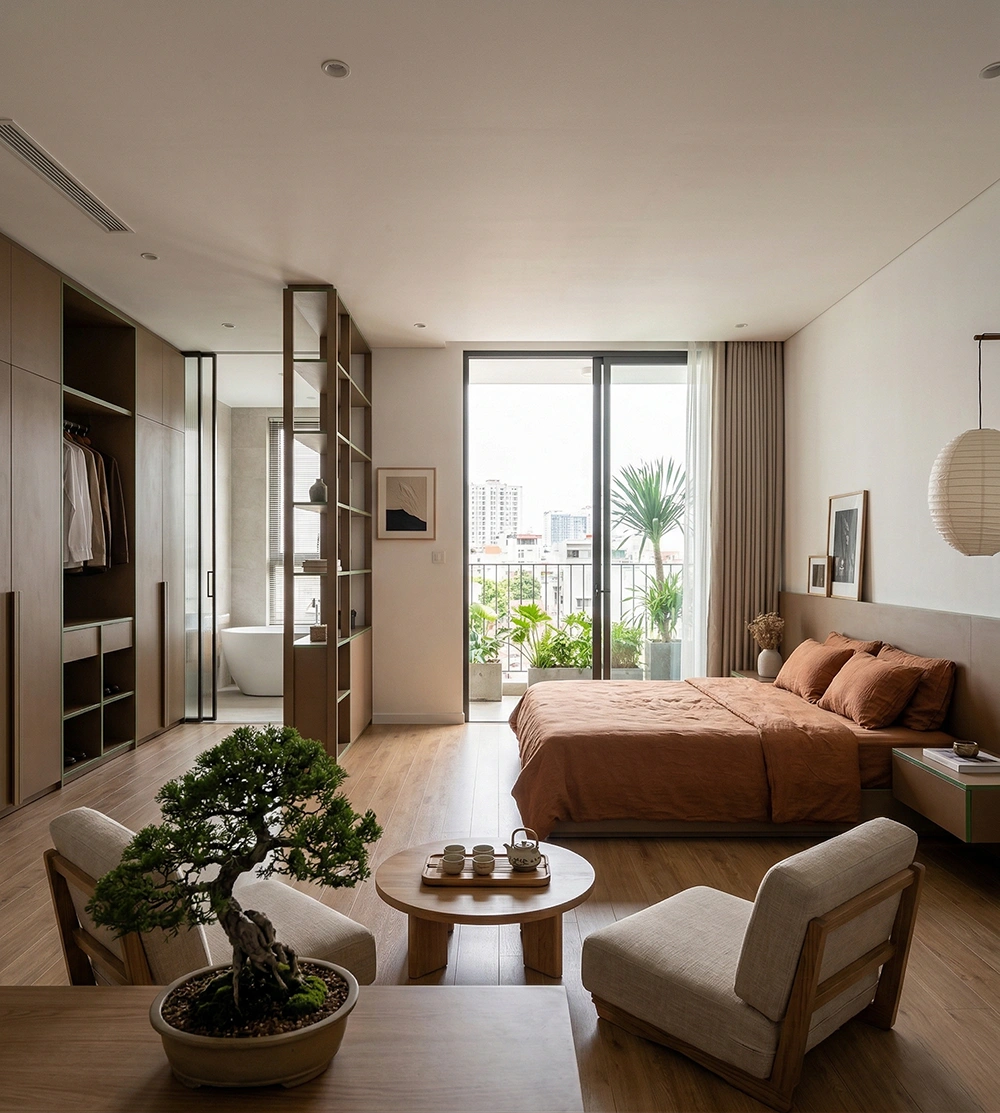 Phòng ngủ master 50m2 phong cách Japandi thư giãn