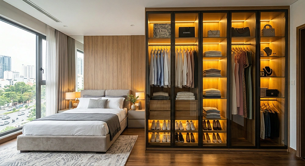 Bố trí tủ quần áo kính trong phòng ngủ master 50m2