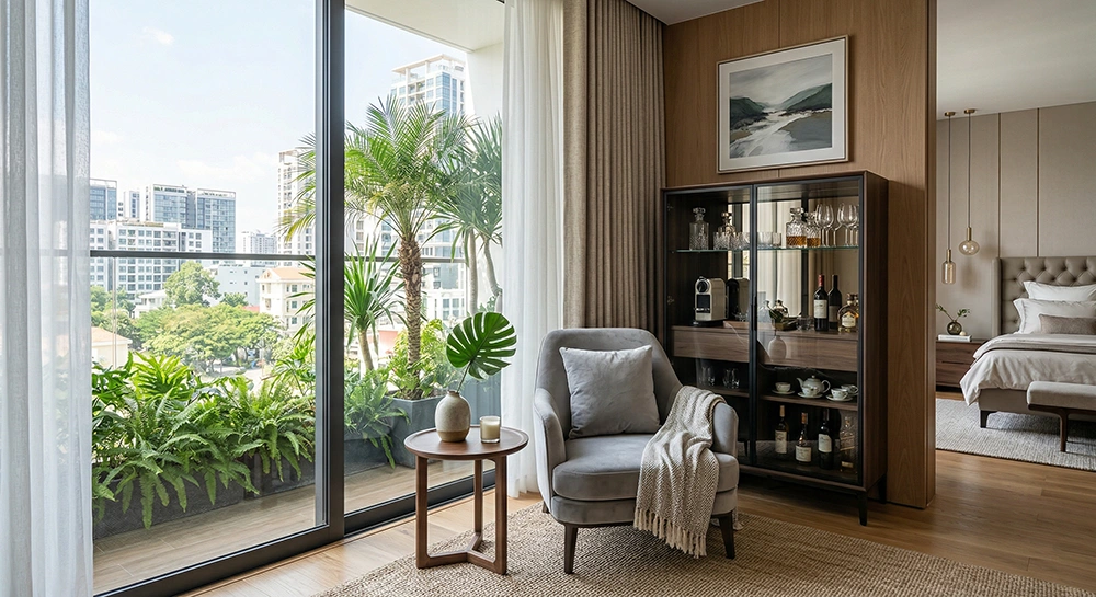 Góc thư giãn bên cửa sổ phòng ngủ master 50m2