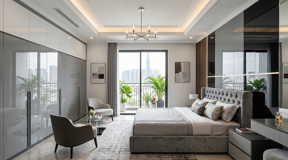 Phòng ngủ master 50m2 tông xám thanh lịch