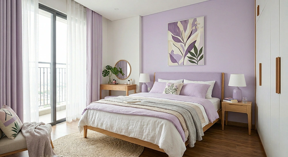 Phối cảnh phòng ngủ màu tím hiện đại và tinh tế