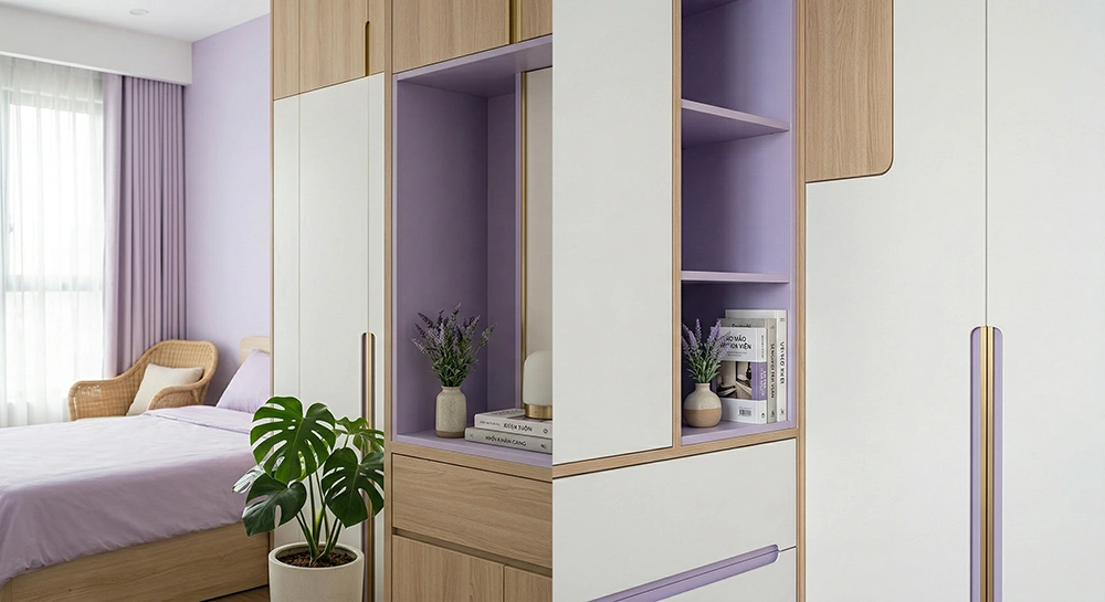Chi tiết kệ trưng bày bo góc phòng ngủ màu tím