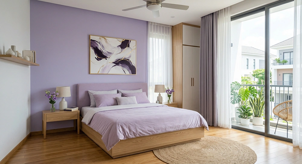 Hệ tủ kịch trần cho phòng ngủ màu tím hiện đại