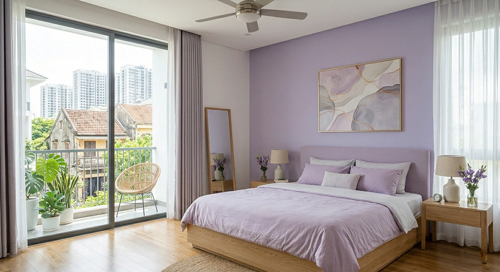 Mẫu giường bục thông minh phòng ngủ màu tím