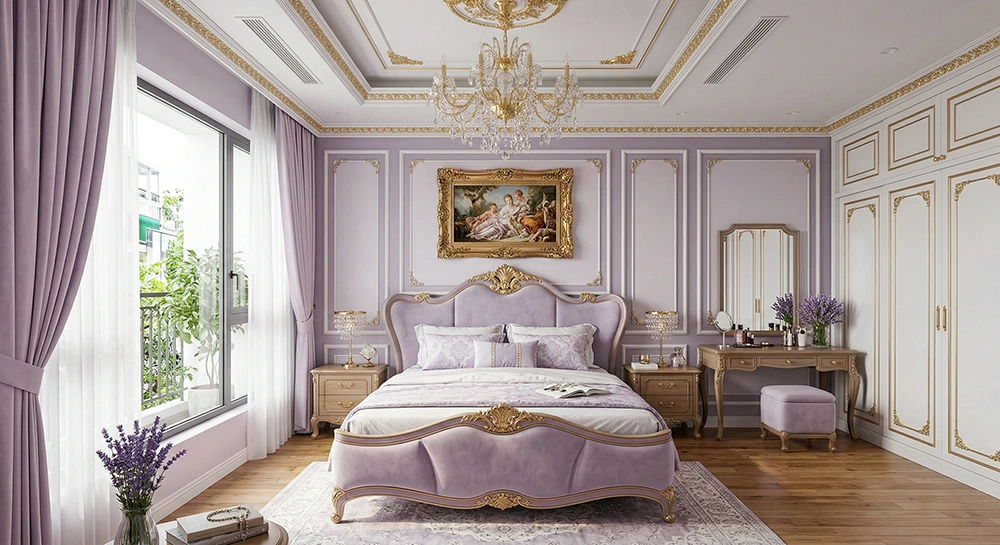 Cận cảnh tủ quần áo không đường viền phòng ngủ màu tím