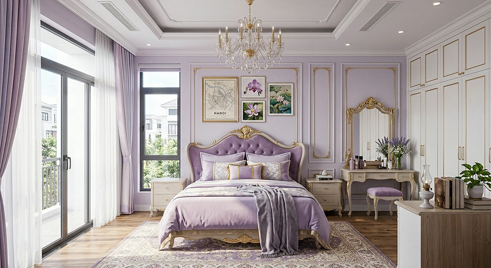 Góc làm việc và kệ trang trí phòng ngủ màu tím