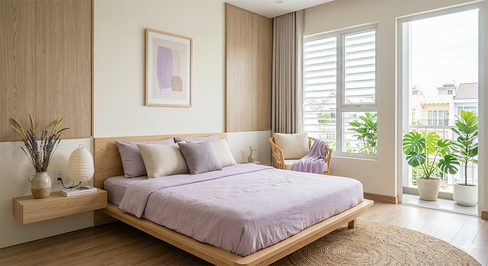 Trang trí vách đầu giường phòng ngủ màu tím pastel