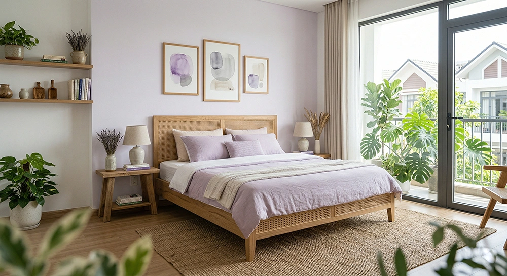 Cách bố trí nội thất phòng ngủ màu tím khoa học