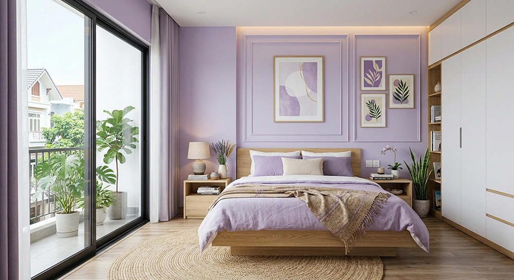 Ngăn tủ lưu trữ đa năng trong phòng ngủ màu tím