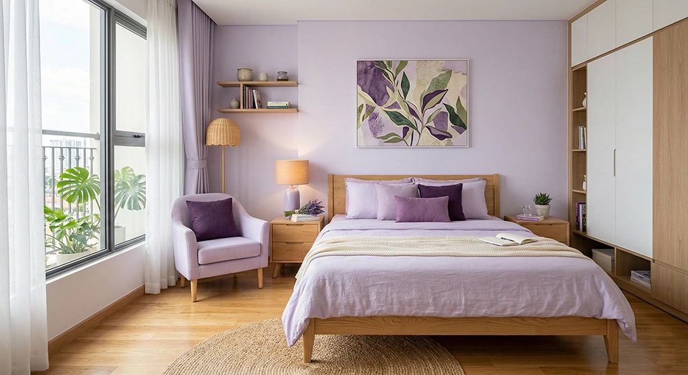 Tổng thể thiết kế phòng ngủ màu tím pastel