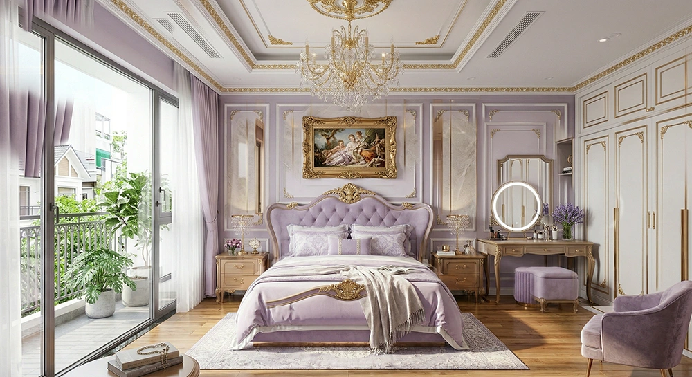 Ánh sáng tự nhiên tràn ngập phòng ngủ màu tím