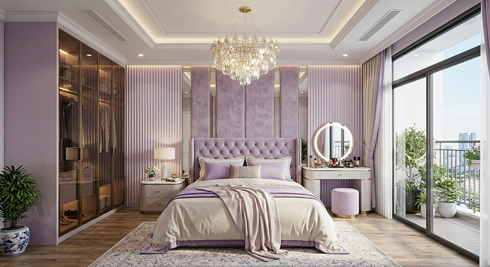 Kệ trang trí bo góc trong phòng ngủ màu tím hiện đại