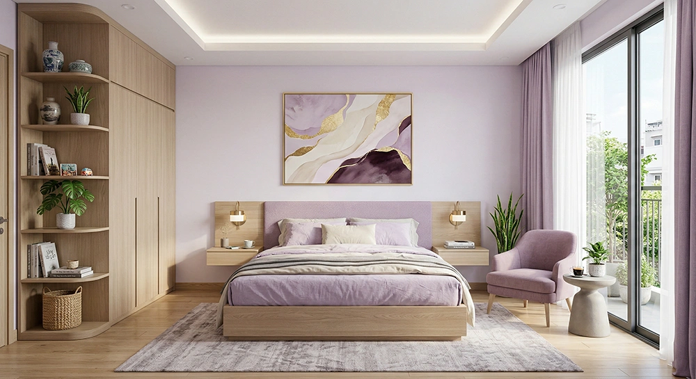 Chi tiết cánh tủ quần áo phòng ngủ màu tím tinh tế