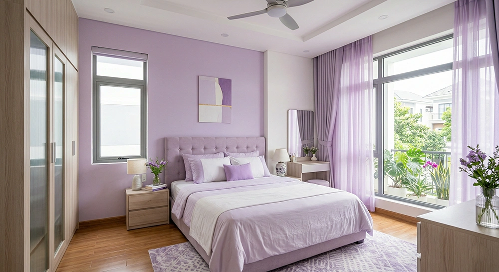 Toàn cảnh bố trí nội thất phòng ngủ màu tím pastel