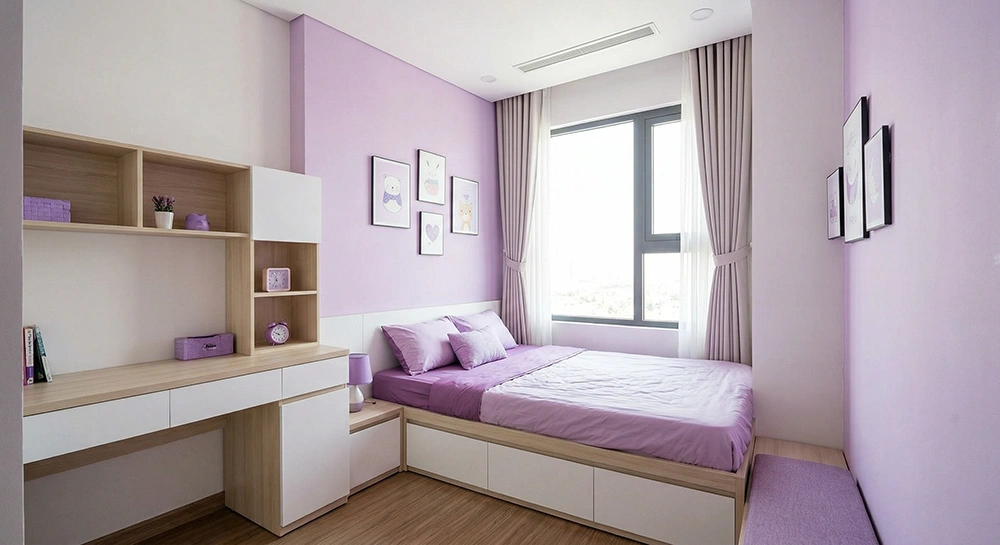 Hệ tủ quần áo kịch trần trong phòng ngủ màu tím