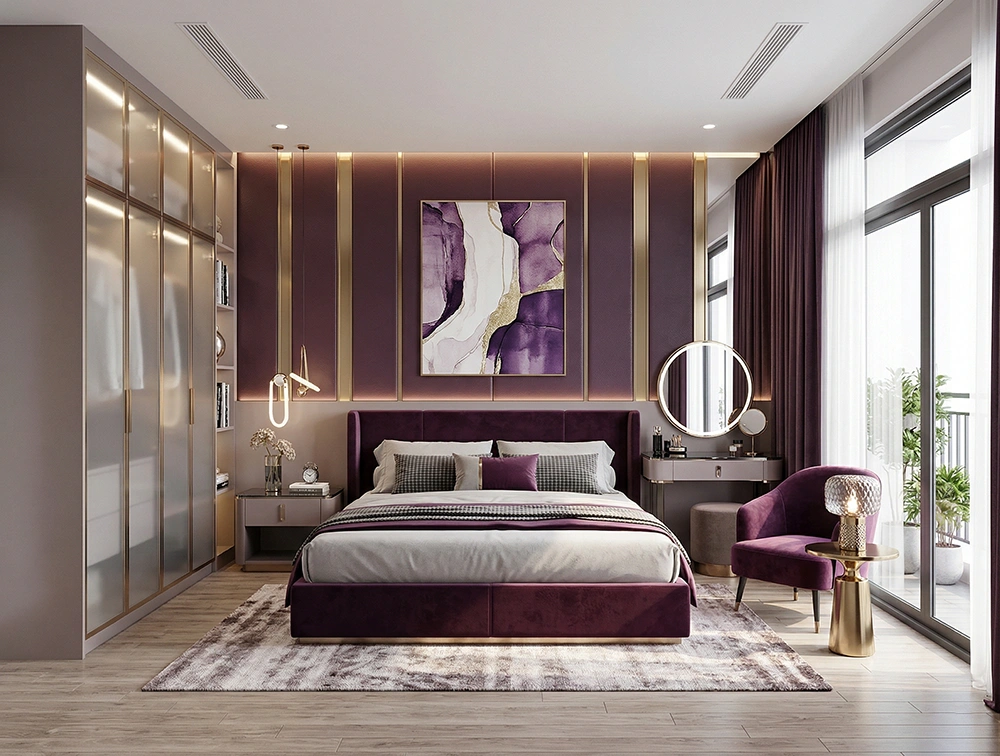 Góc làm việc tối giản tại phòng ngủ màu tím