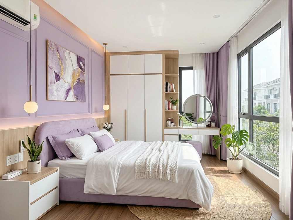 Trang trí vách đầu giường phòng ngủ màu tím