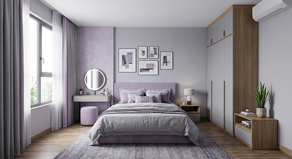 Cận cảnh tủ quần áo phòng ngủ màu tím sang trọng