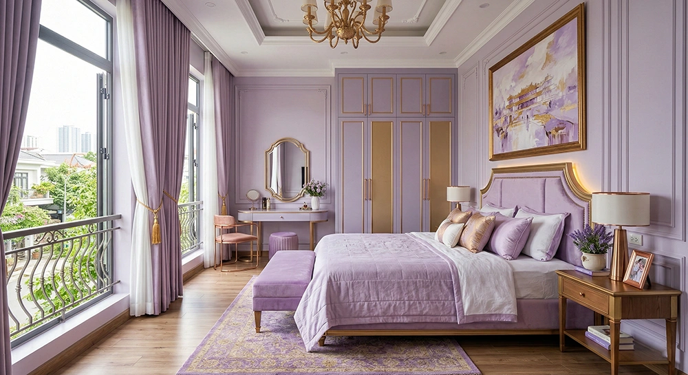 Cách bố trí nội thất phòng ngủ màu tím khoa học