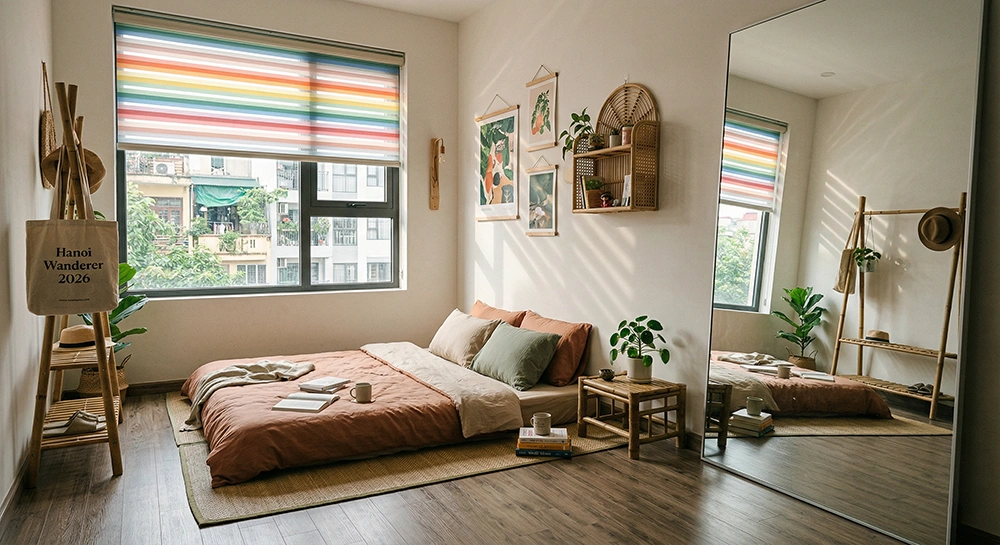 Góc phòng có gương lớn kịch trần phản chiếu ánh sáng từ rèm cầu vồng