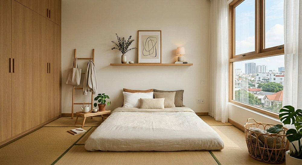 Phòng ngủ không giường phong cách Japandi với thảm Tatami