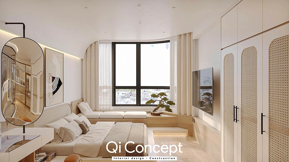 Không gian mở tại phòng ngủ nhỏ không giường