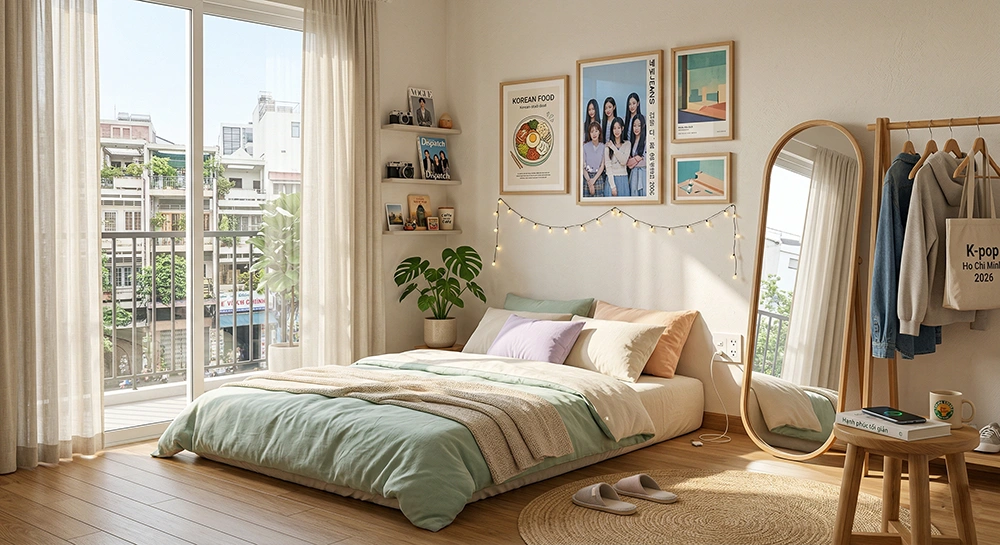 Trang trí phòng ngủ không giường kiểu Hàn Quốc trẻ trung cho Gen Z