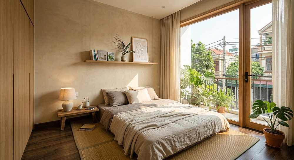 Phòng ngủ không giường phong cách Wabi Sabi nguyên bản
