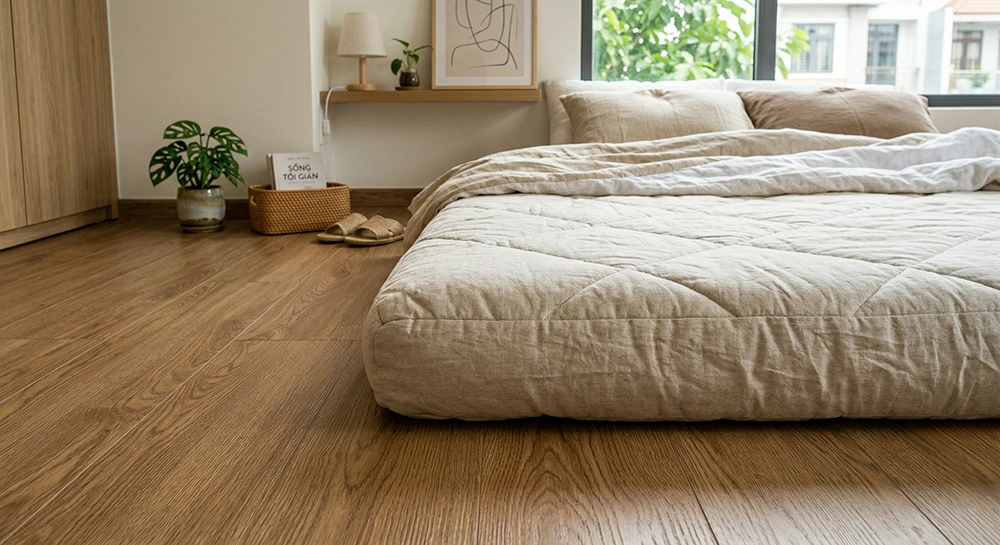 Cận cảnh lớp Topper dày dặn đặt trên sàn gỗ An Cường sắc nét