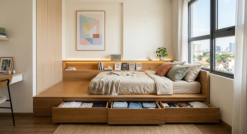 Giường bục Platform tích hợp ngăn kéo lưu trữ thông minh cho phòng nhỏ