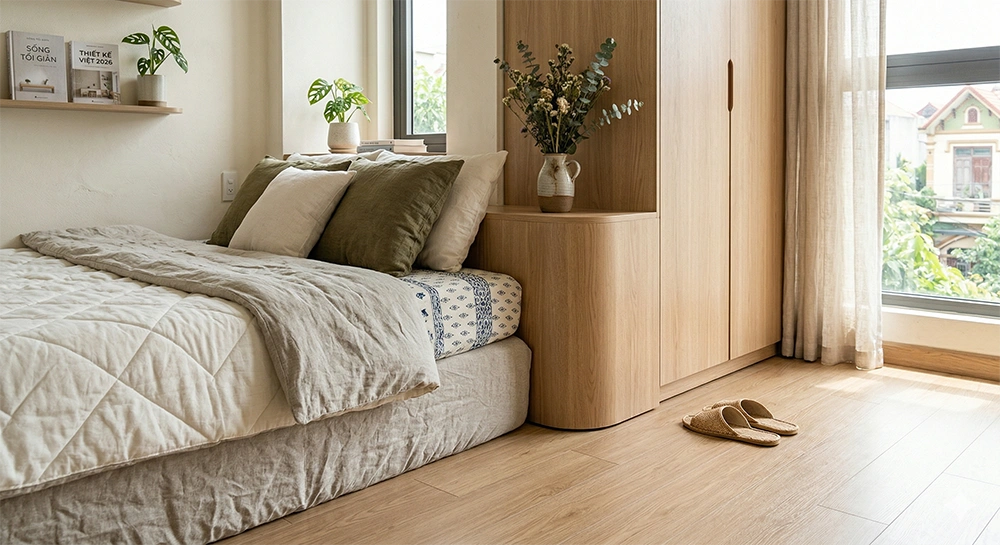 Góc tiếp giáp giữa nệm và tủ quần áo bo góc, thấy rõ sự chuẩn khít milimet