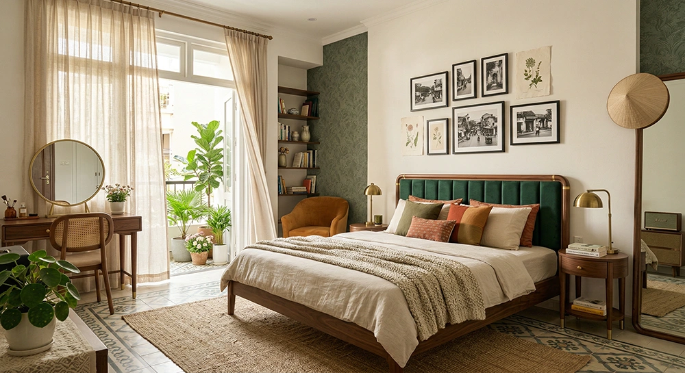 Trang trí phòng ngủ vintage đơn giản với vách đầu giường xanh