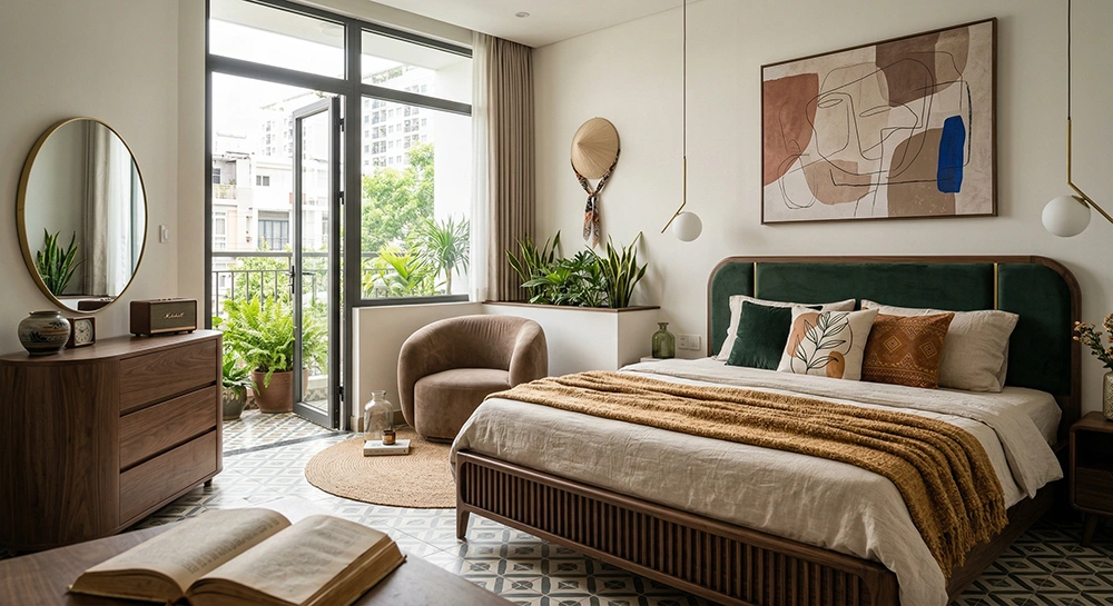 Decor phòng ngủ vintage đơn giản với giường nhung xanh