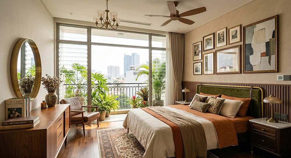 Phòng ngủ vintage đơn giản có view Landmark 81