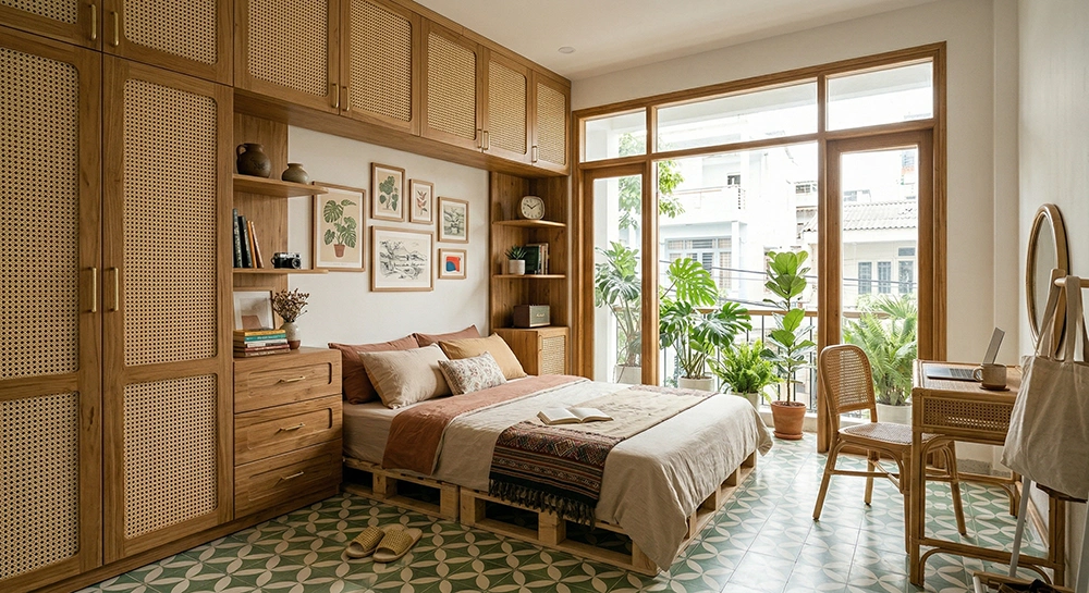 Phòng ngủ vintage đơn giản sử dụng vật liệu mây tre