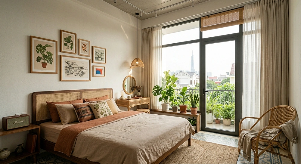 Không gian phòng ngủ vintage đơn giản tông màu đất