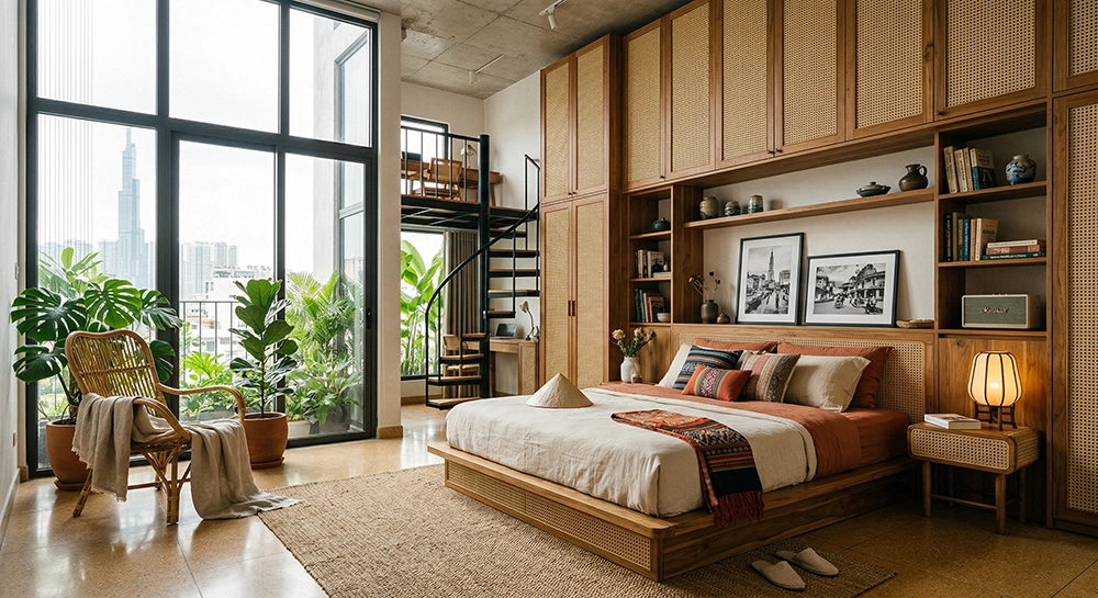 Phòng ngủ vintage đơn giản cho căn hộ duplex cao trần