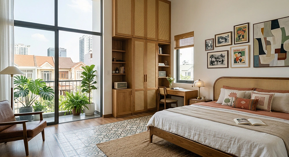 Mẫu phòng ngủ vintage đơn giản với hệ tủ kịch trần