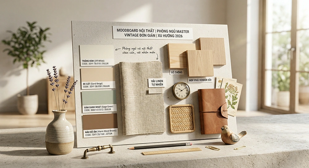 Bảng vật liệu cho phòng ngủ vintage đơn giản xu hướng 2026