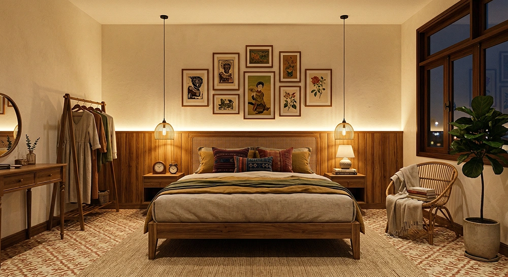 Ánh sáng ấm áp trong phòng ngủ vintage đơn giản về đêm