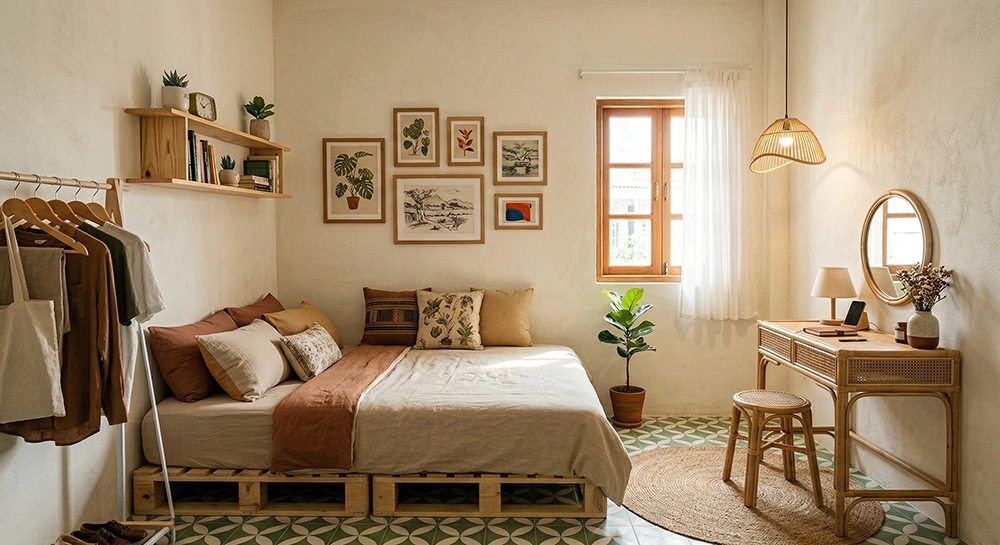 Giường pallet trong decor phòng ngủ vintage đơn giản