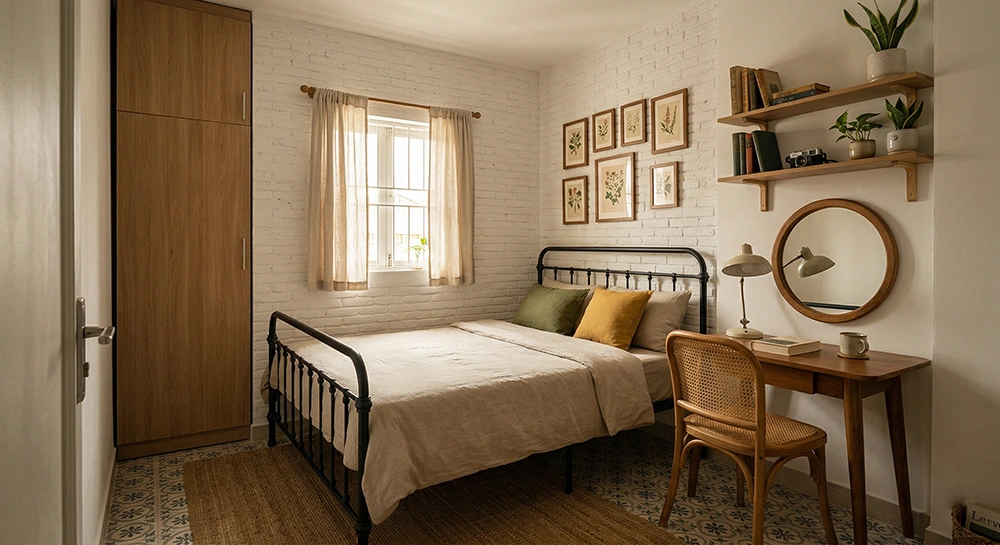 Phòng ngủ vintage đơn giản với tường gạch trắng