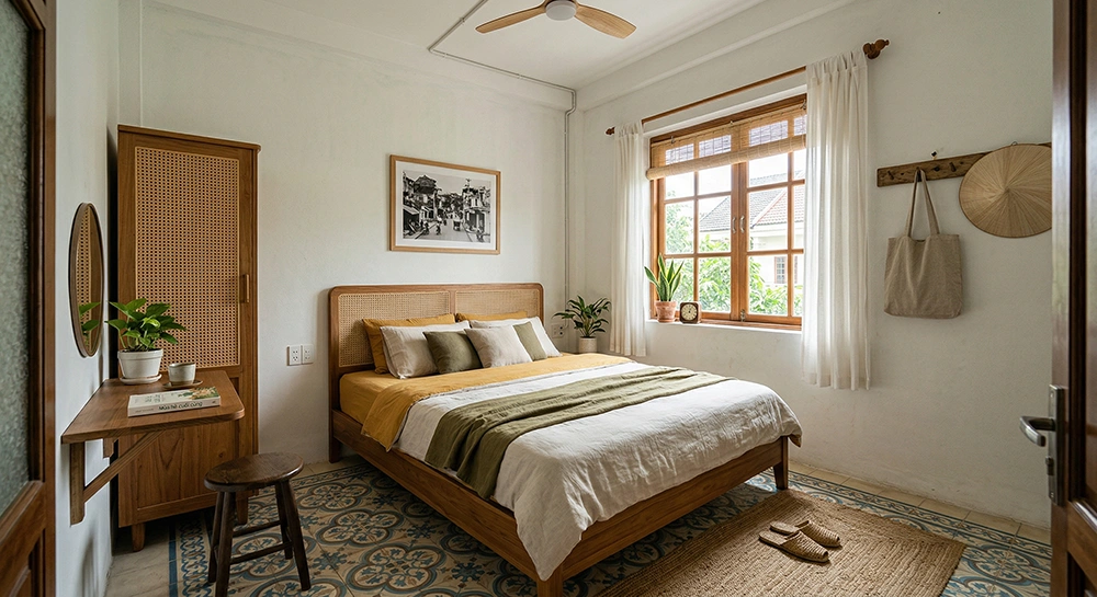 Nền gạch bông trong thiết kế phòng ngủ vintage đơn giản