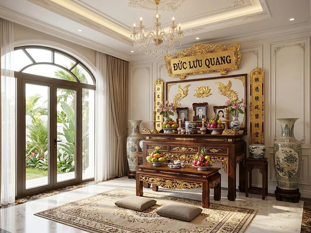 Cận cảnh án gian gỗ phòng thờ Tân Cổ Điển