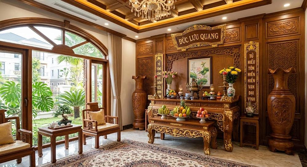 Bộ bàn ghế gỗ trong phòng thờ Tân Cổ Điển