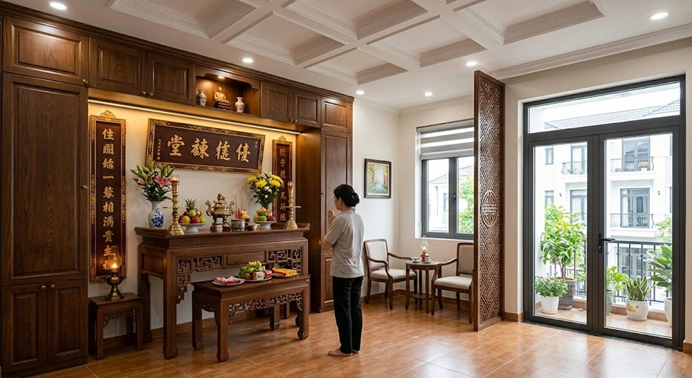 Tủ trang trí nghệ thuật phòng thờ Tân Cổ Điển