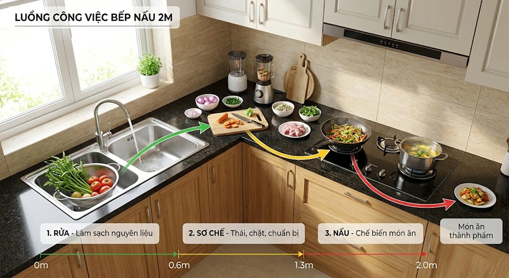 Luồng công việc khoa học trong thiết kế bếp nhỏ 2m