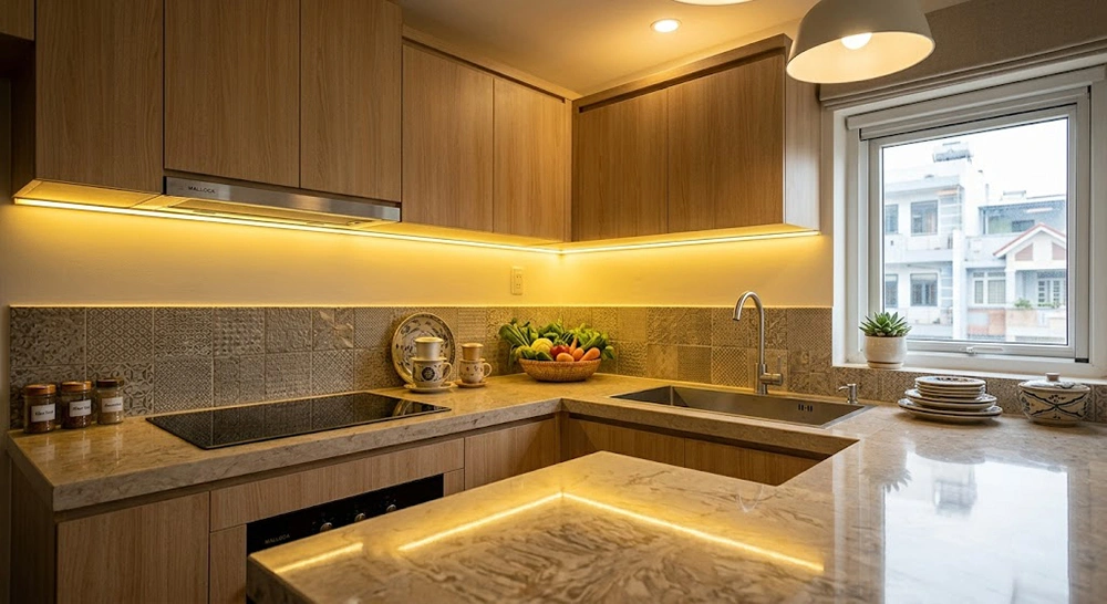 Ánh sáng LED vàng ấm cúng cho thiết kế bếp nhỏ 2m