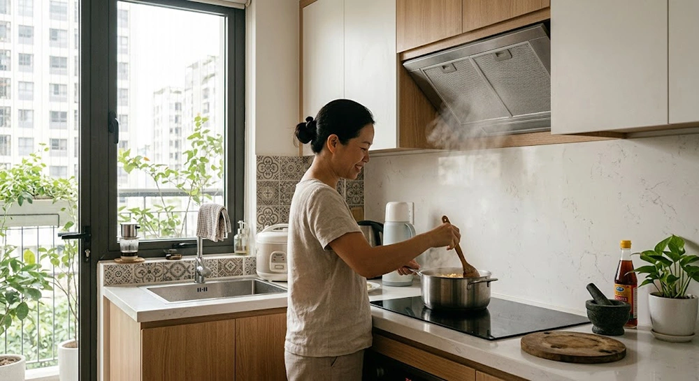 Thiết kế bếp nhỏ 2m cạnh cửa sổ giúp thoát mùi hiệu quả