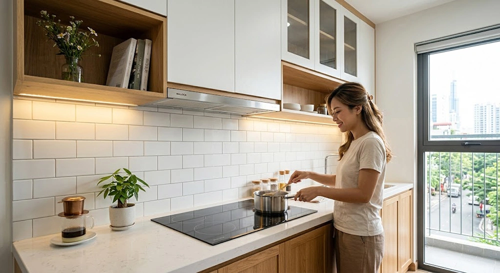 Mẫu thiết kế bếp nhỏ 2m với hệ kệ gỗ mở tinh tế